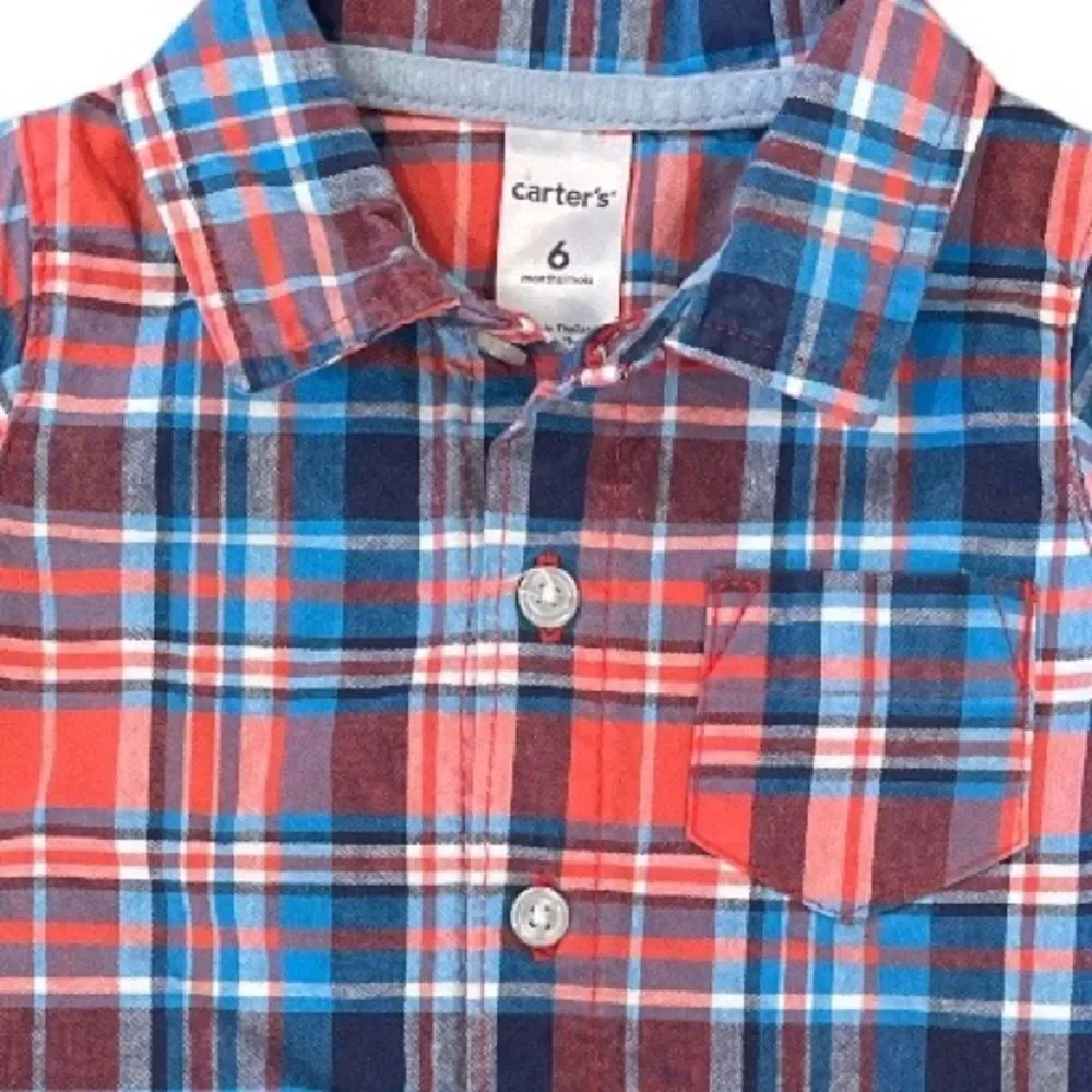 𝅺carter’s Boys 6M Plaid One Piece Orange and Blue Plaid Short-alls